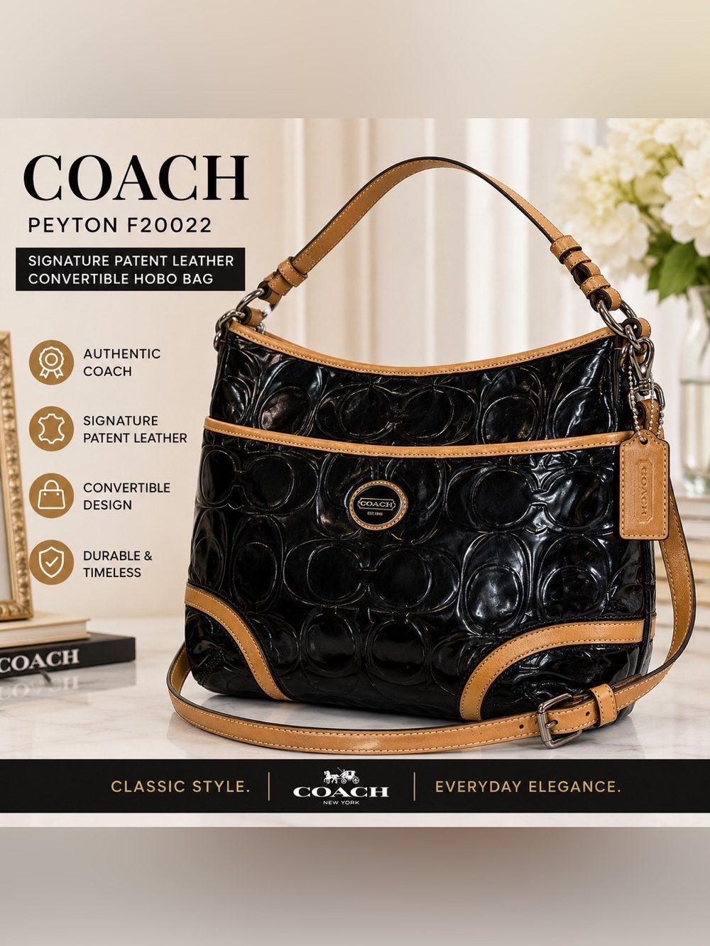 Coach Peyton F20022 Black Embossed Patent Leather Convertible Hobo Bag